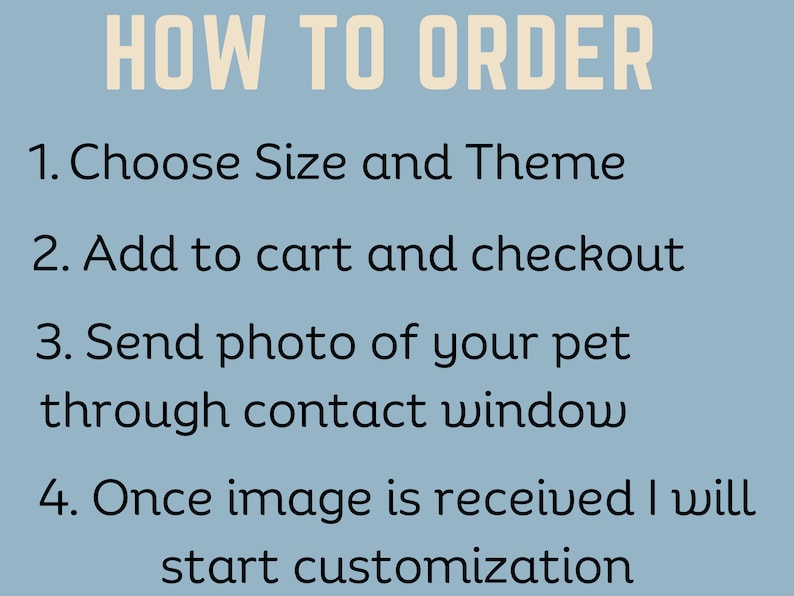 May include: How to order a custom pet portrait. Choose a size and theme, add to cart, send a photo of your pet through the contact window, and the artist will start customisation once the image is received.