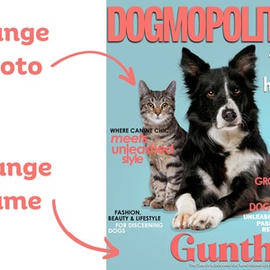 May include: A magazine cover featuring a black and white dog and a tabby cat. The magazine is called "Dogmopolitan" and the headline reads "Teach your human new tricks". The dog's name is "Gunther".
