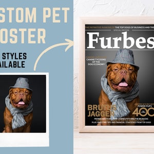 May include: A custom pet poster mockup featuring a dog wearing a hat and scarf on a magazine cover that says "Furbes" with the text "America's Richest Power Pups 400" in the bottom right corner.