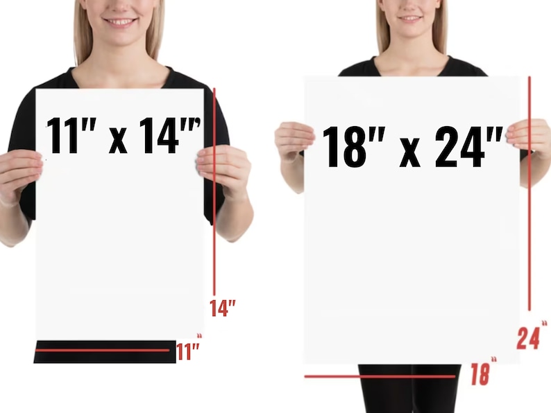 May include: Two white poster boards with black text showing the dimensions of each poster. The smaller poster is 11 inches by 14 inches. The larger poster is 18 inches by 24 inches.