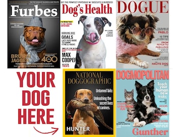 May include: A collage of magazine covers featuring dogs. The covers are titled "Furbes", "Dog's Health", "Dogue", "National Doggographic", and "Dogmopolitan". The covers feature various dog breeds, including a Bulldog, a Cane Corso, a Chihuahua, a Labrador Retriever, and a Border Collie.