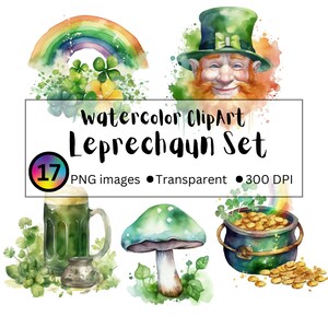 Op de afbeelding: Waterverf clipart set van 17 illustraties met een kabouterthema. De set bevat een kabouter, een pot met goud, een paddenstoel, een regenboog, een bierkan en klavertjesvier. De illustraties zijn in een aquarelstijl en perfect voor St. Patrick's Day knutselwerk en projecten.