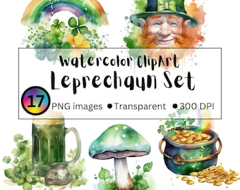 Watercolor Leprechaun Clipart, St. Patrick's Day, Clovers, Rainbow, Pot of Gold, Beer, PNG, Digital Files, Commercial use