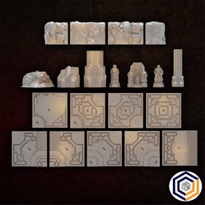 May include: A set of miniature fantasy terrain pieces in off-white, suitable for tabletop gaming. The set includes stone walls, rock formations, statues, pillars, and patterned floor tiles. The pieces are intricately detailed and have a weathered look.