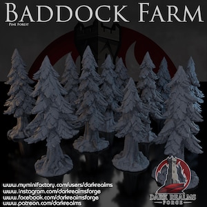 Könnte beinhalten: Eine Ansammlung grauer Miniatur-Kiefern, ideal für Tabletop-Spiele oder Modellbau. Die Bäume haben detaillierte Texturen und sind in einer Gruppe angeordnet. Der Text "BADDOCK FARM" und "PINE FOREST" ist sichtbar. Das Dark Realms Forge Logo ist vorhanden.