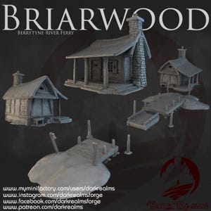 Può includere: Una collezione di edifici e moli in miniatura, in tonalità grigie, tra cui una capanna con camino in pietra, una casetta e un molo. Il testo "BRIARWOOD" e "BERRYTYNE RIVER FERRY" sono in alto. L'immagine include anche indirizzi web per Dark Realms.