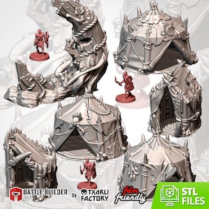 May include: A collection of 3D-printed fantasy terrain pieces, including tents, a fallen tree, and miniature figures. The tents are gray with rope and spike details. The figures are red. The image includes the text "Battle Builder tech by Txarli Factory" and "fdm friendly STL files".
