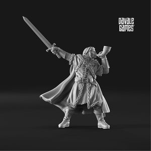 May include: A grayscale miniature figure of a medieval warrior, holding a sword aloft and a horn to his mouth. The figure is clad in detailed armour and a flowing cape. The text "DAVALE GAMES" is in the upper right corner.
