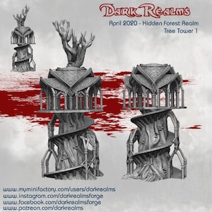 Puede incluir: Un modelo impreso en 3D de una torre de árbol con una escalera de caracol. La torre está hecha de plástico gris claro y tiene un diseño detallado. La torre es parte de un juego de fantasía llamado "Dark Realms".