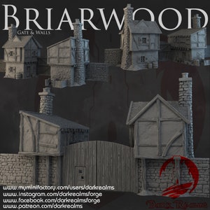 May include: A selection of miniature medieval buildings and a gate, presented in grayscale. The structures feature stone walls, timber framing, and chimneys. The text "BRIARWOOD GATE & WALLS" is at the top. Website addresses are listed at the bottom.
