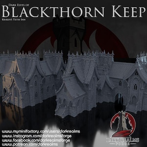 Könnte beinhalten: Eine Ansammlung von grauen Miniaturgebäuden mit spitzen Dächern und detaillierten architektonischen Merkmalen. Der Text "DARK ELVES OF BLACKTHORN KEEP" ist oben zu sehen, zusammen mit "KRAKEN'S TEETH INN". Webseitenadressen sind ebenfalls abgebildet.