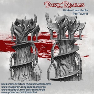 Puede incluir: Un modelo impreso en 3D de una torre de árbol con una escalera de caracol. La torre está hecha de un material gris claro y tiene un diseño detallado. El texto "Dark Realms Hidden Forest Realm Tree Tower 2" es visible en la parte superior de la imagen.