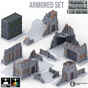 May include: A collection of grey and green miniature wargaming terrain pieces labelled Armored Set Foldable & Compatible 11th Edition. The set includes various ruined wall sections, a tower, and stacked containers with copper-coloured accents.