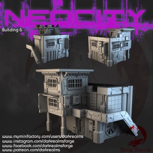 May include: A 3D printed model of a futuristic building with a gray finish. The building has multiple levels and windows. The model is labeled "Building 6".