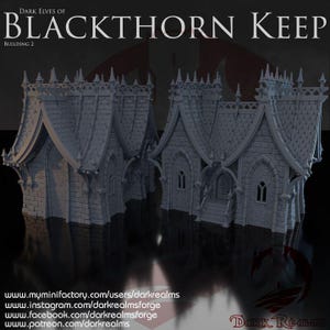 Könnte beinhalten: Ein detailliertes, graues Miniaturgebäude, Teil der Blackthorn Keep-Serie, mit Spitzbögen, Türmchen und einer strukturierten Fassade. Das Bild enthält den Text "Dark Elves of Blackthorn Keep" und Website-Adressen.