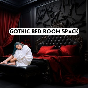 Gothic Bed Room Digital Backdrop, Digital Background, Black Red Bed Room Background for Photographers, Photoshop Backgrounds