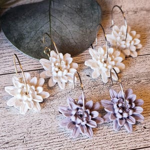 mini dahlia hoop earrings, floral earrings customizable earrings, lightweight earrings, clay flower earrings, hypoallergenic earrings,