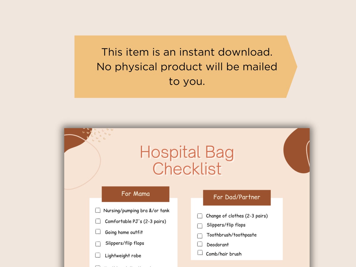 Hospital Bag Checklist Printable, Birth Bag Packing List, Pregnancy Checklist, New Baby ...