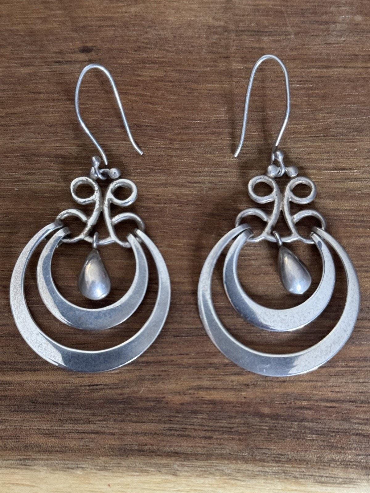 Vintage ATI Mexico 925 Sterling Silver Double Hoop Dangle Earrings 