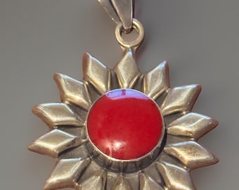 Colgante vintage de plata de ley con forma de sol y piedra de jaspe rojo natural (925), 16 g.