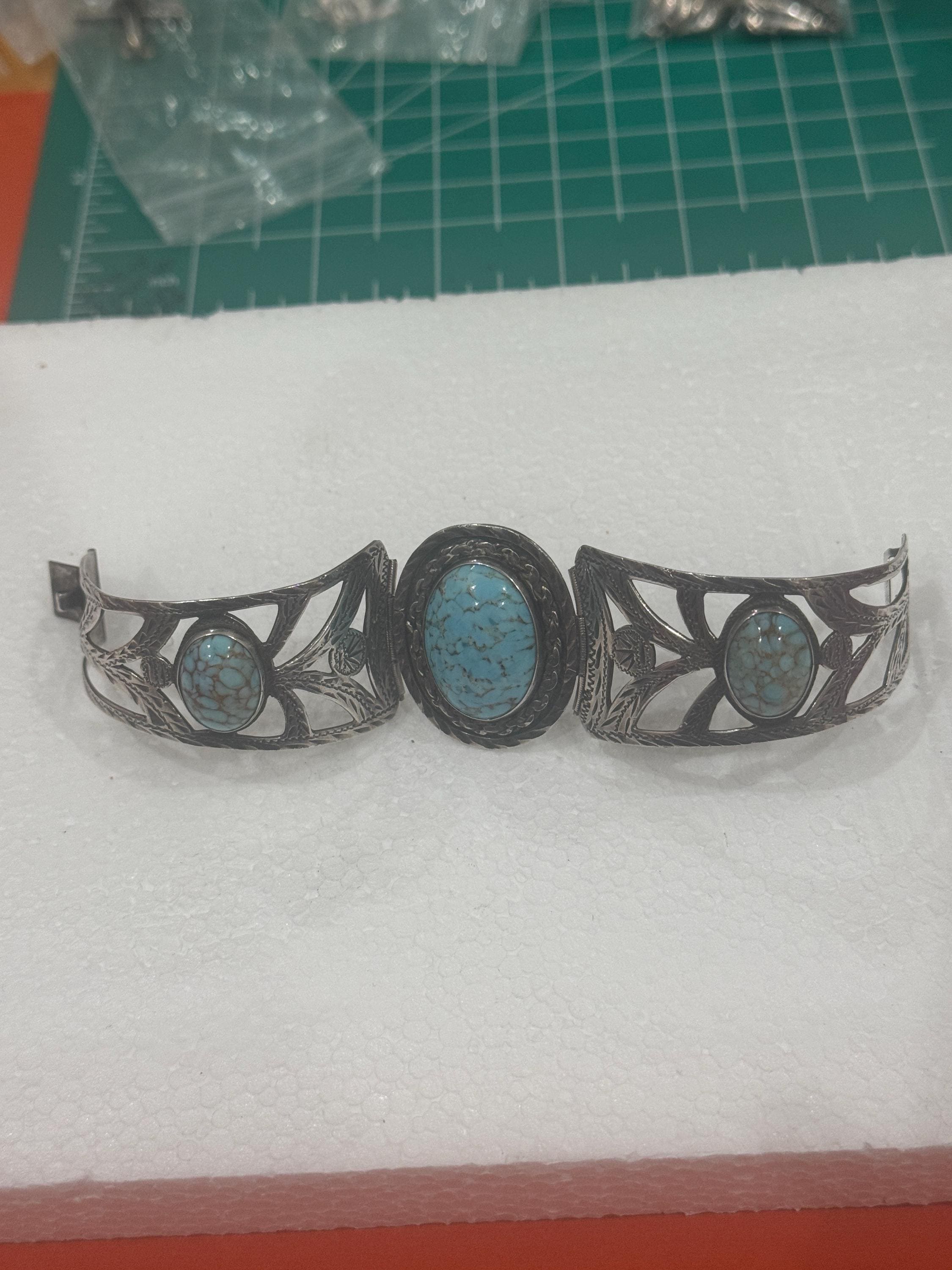 Vintage Mexican Sterling Silver Turquoise Bangle – Hand Stamped