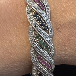 Sterling Creations 925 Silver Hinged Bangle Bracelet Rubies Emeralds Sapphires