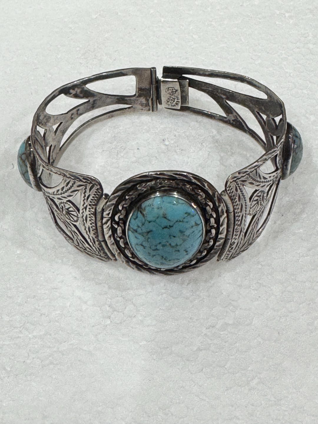 Vintage Mexican Sterling Silver Turquoise Bangle – Hand Stamped