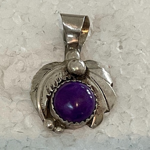 Vintage Sterling Silver Navajo Pendant with Purple Turquoise Leaf and Bead Design Signed JJM Julia Martinez Southwestern Jewelry