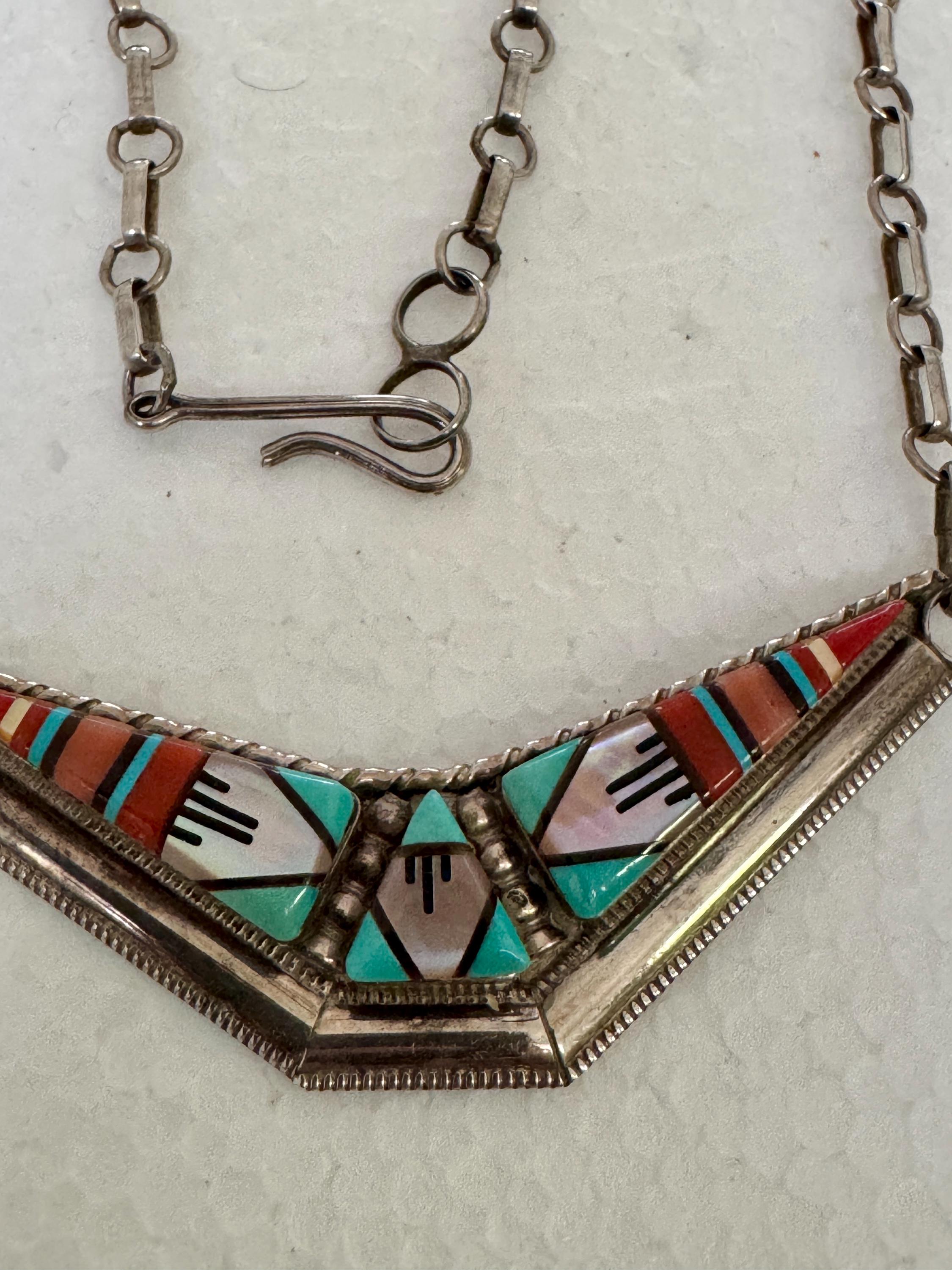 Vintage Zuni Sterling Silver Inlay Necklace, William Carol Noha