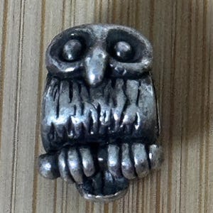 Puede incluir: Pequeña figura de búho plateado con detalles de plumas y ojos. El búho está posado sobre una estructura similar a una rama, mostrando una estética rústica y artesanal. La figura es probablemente de metal y tiene un aspecto envejecido.