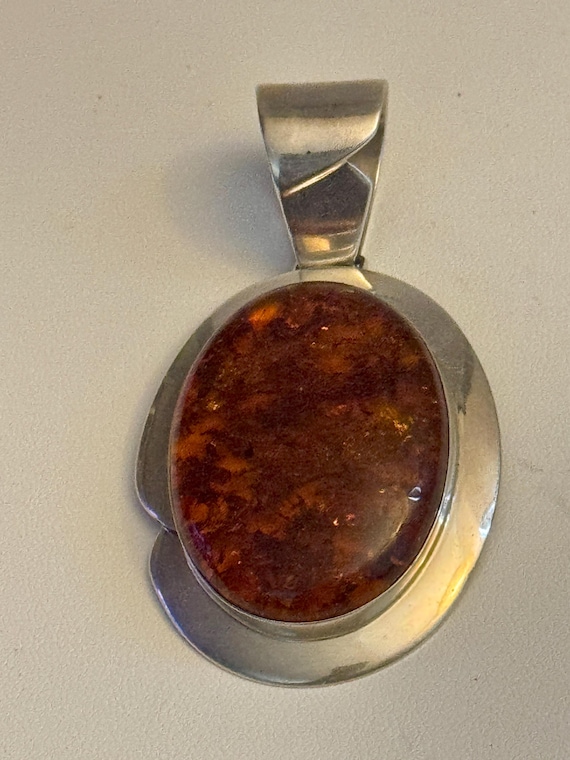 Large Sterling Silver and Amber Oval Pendant Signed DTR Desert
