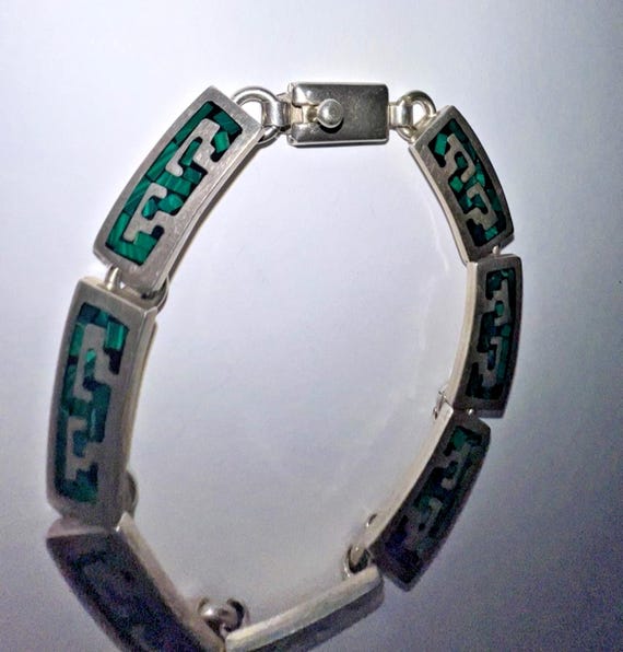 Vintage Mexican Sterling Silver 925 Malachite Inlay Panel Bracelet