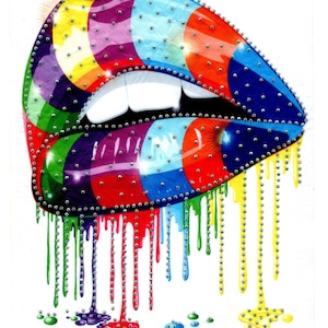 May include: A pair of rainbow-colored lips with rhinestones, dripping with colorful paint. The lips are outlined in black and have a white background.