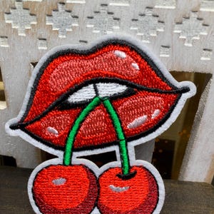 eating cherries patch, red lip, cherry, iron on patch, embroidered patch, funny patch iron on patch, embroidered patch, biting cherries