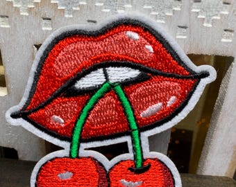 eating cherries patch, red lip, cherry, iron on patch, embroidered patch, funny patch iron on patch, embroidered patch, biting cherries