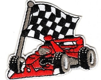 Race Car Patch, Checkered Flag Embroidery Patch Iron On or Sew-On Accessory Clothing and Bags Badge Applique Trendy decorations Decorative