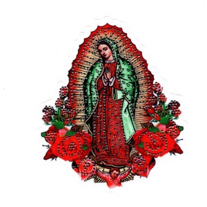 May include: A colorful sticker featuring an illustration of the Virgin Mary, with hands clasped in prayer. She is wearing a red dress and green shawl, surrounded by a red halo and roses. The image has a white border.