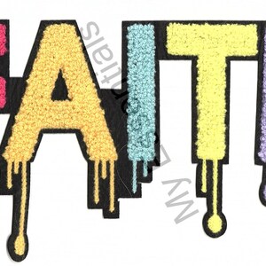 May include: A colorful felt patch with the word "FAITH" in dripping paint style letters. The letters are pink, yellow, light blue, yellow, and purple.