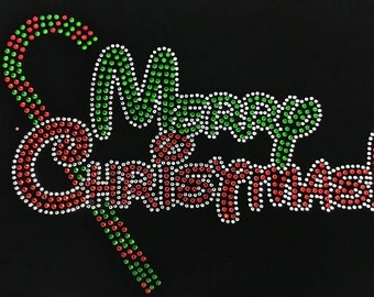 Christmas Rhinestone Merry Xmas Candy Cane Hot Fix Heat Press Transfer Rhinestone Motif Applique Santa Holiday DIY