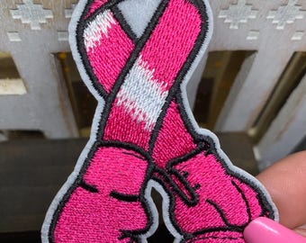 Cancer Awareness Ribbon with Boxing Gloves Embroidery, Embroidered Applique Motif, Badge, Heat Press, Iron On or Sew On, Craft, Supplies