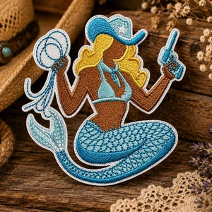 May include: An embroidered patch featuring a mermaid with brown skin and yellow hair, wearing a light blue bikini top and a matching cowboy hat. The mermaid holds a lasso in one hand and a pistol in the other, with a blue scaled tail.