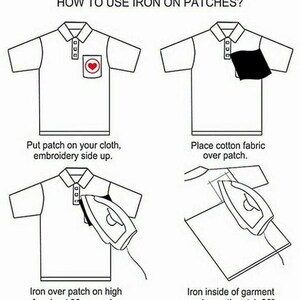 Puede incluir: Diagrama que explica c&oacute;mo planchar parches. Muestra una camisa polo blanca con un parche de coraz&oacute;n. Los pasos incluyen colocar el parche, cubrirlo con tela y plancharlo durante 30 segundos por ambos lados de la prenda.