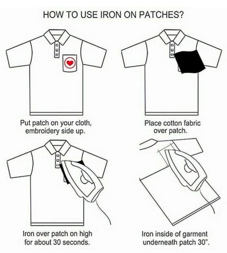 Puede incluir: Diagrama que explica c&oacute;mo planchar parches. Muestra una camisa polo blanca con un parche de coraz&oacute;n. Los pasos incluyen colocar el parche, cubrirlo con tela y plancharlo durante 30 segundos por ambos lados de la prenda.