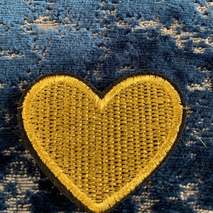 Gold Heart Iron on Patch, Embroidered Heart, vibrant colors, black trim heart