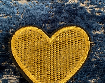Gold Heart Iron on Patch, Embroidered Heart, vibrant colors, black trim heart