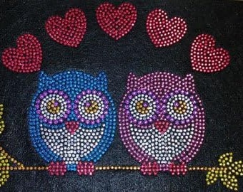 Owl Love birds Heat Transfer Iron on rhinestone design , owl patch , crystal owl , bling owl iron on