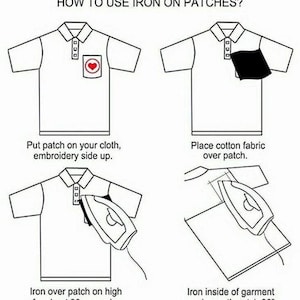 Op de afbeelding: Een diagram dat laat zien hoe je patches met een strijkijzer kunt strijken. De stappen omvatten het plaatsen van de patch op de stof, het bedekken met een katoenen doek, het strijken van de patch gedurende 30 seconden en het strijken van de binnenkant van het kledingstuk onder de patch gedurende 30 seconden.