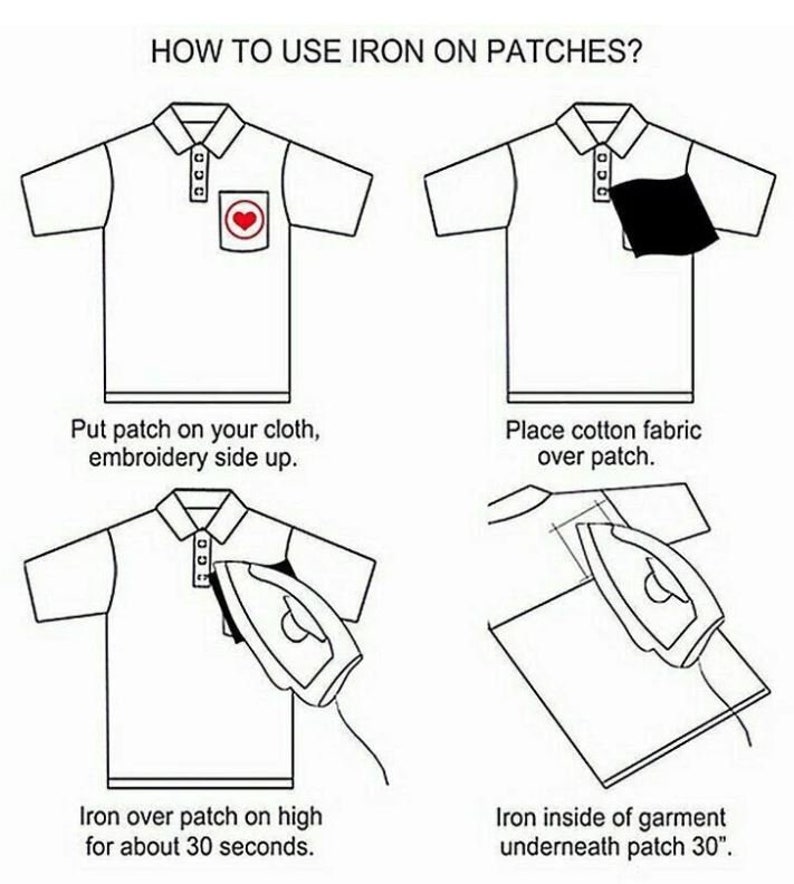 Op de afbeelding: Een diagram dat laat zien hoe je patches met een strijkijzer kunt strijken. De stappen omvatten het plaatsen van de patch op de stof, het bedekken met een katoenen doek, het strijken van de patch gedurende 30 seconden en het strijken van de binnenkant van het kledingstuk onder de patch gedurende 30 seconden.