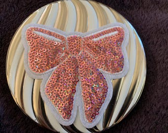 Pink Bow Patch, iron on, sew on, sequin pink ribbon patch, Embroidery Patch Iron On or Sew-On Accessory