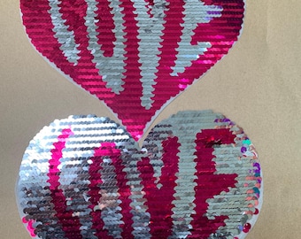 Reversible Love Patch, Sequin Heart Iron on Patch, Embroidered, Iron On Patch, DIY